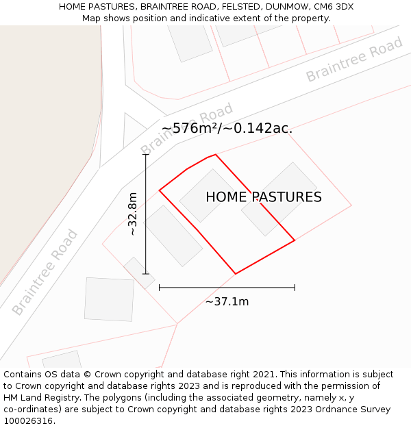 HOME PASTURES, BRAINTREE ROAD, FELSTED, DUNMOW, CM6 3DX: Plot and title map
