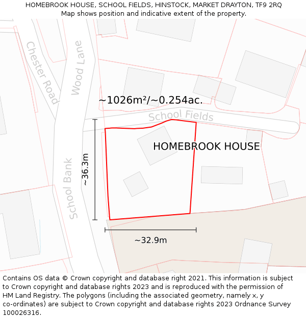 HOMEBROOK HOUSE, SCHOOL FIELDS, HINSTOCK, MARKET DRAYTON, TF9 2RQ: Plot and title map