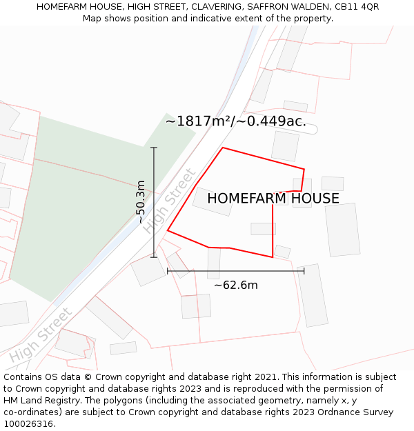 HOMEFARM HOUSE, HIGH STREET, CLAVERING, SAFFRON WALDEN, CB11 4QR: Plot and title map
