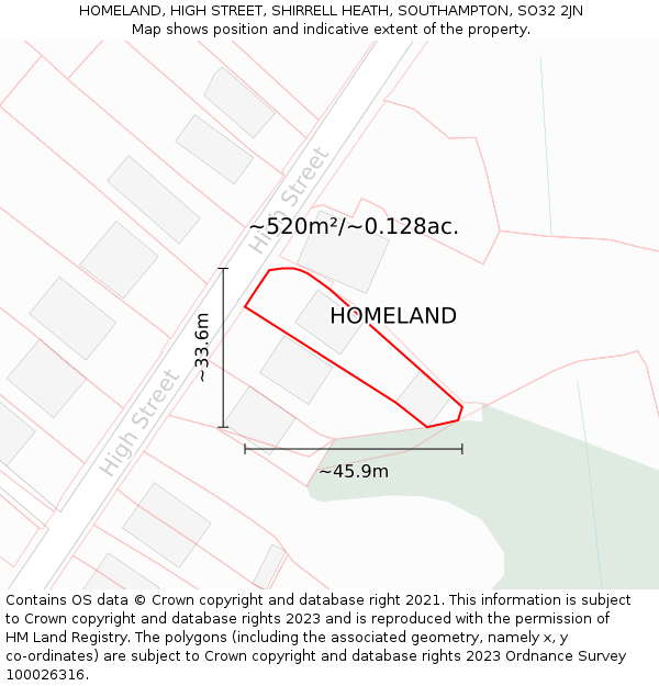HOMELAND, HIGH STREET, SHIRRELL HEATH, SOUTHAMPTON, SO32 2JN: Plot and title map