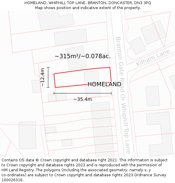HOMELAND, WHIPHILL TOP LANE, BRANTON, DONCASTER, DN3 3PQ: Plot and title map