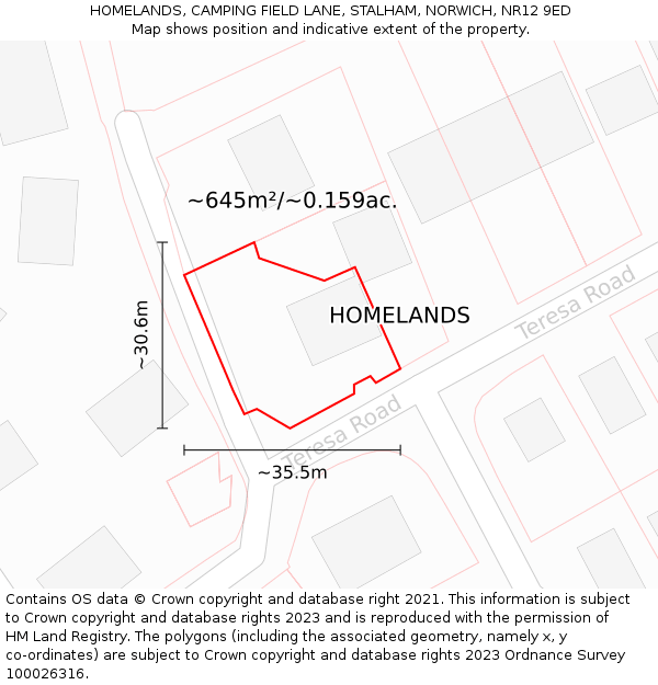 HOMELANDS, CAMPING FIELD LANE, STALHAM, NORWICH, NR12 9ED: Plot and title map