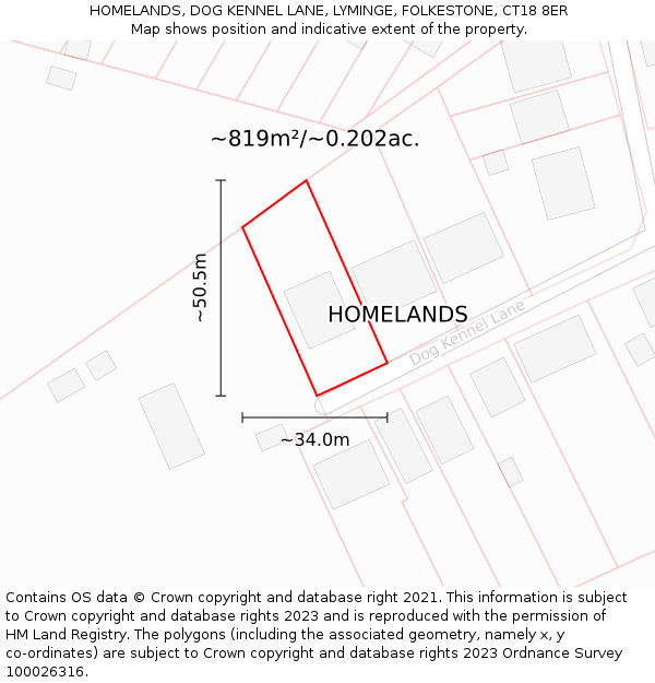 HOMELANDS, DOG KENNEL LANE, LYMINGE, FOLKESTONE, CT18 8ER: Plot and title map