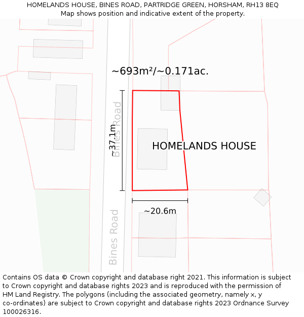 HOMELANDS HOUSE, BINES ROAD, PARTRIDGE GREEN, HORSHAM, RH13 8EQ: Plot and title map