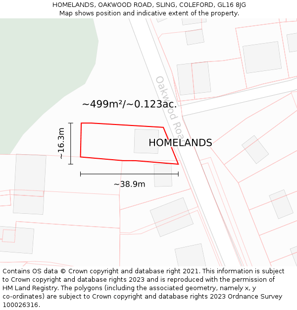 HOMELANDS, OAKWOOD ROAD, SLING, COLEFORD, GL16 8JG: Plot and title map