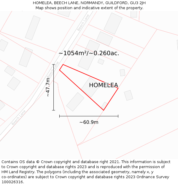 HOMELEA, BEECH LANE, NORMANDY, GUILDFORD, GU3 2JH: Plot and title map