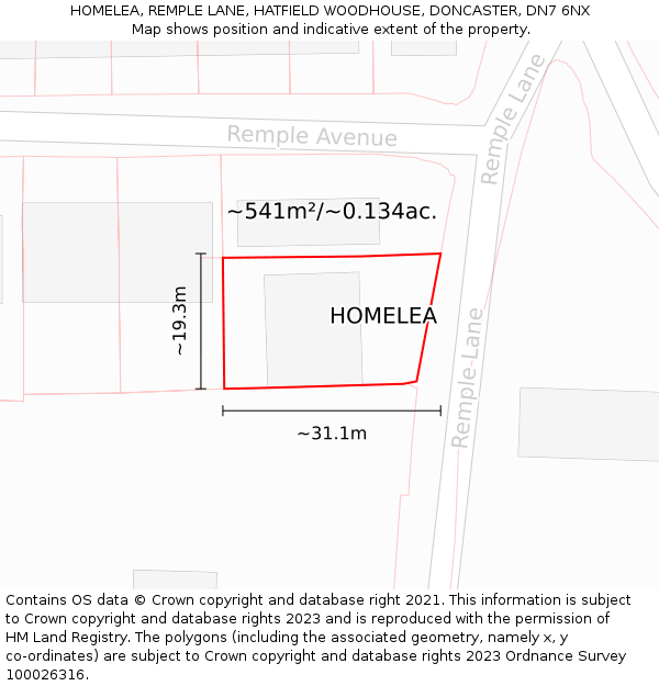 HOMELEA, REMPLE LANE, HATFIELD WOODHOUSE, DONCASTER, DN7 6NX: Plot and title map