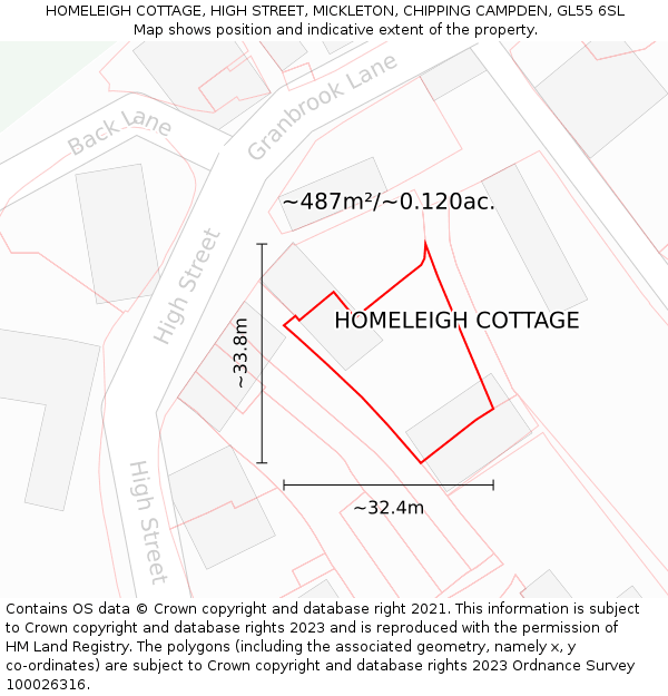 HOMELEIGH COTTAGE, HIGH STREET, MICKLETON, CHIPPING CAMPDEN, GL55 6SL: Plot and title map