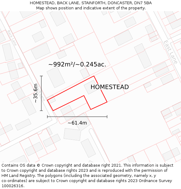 HOMESTEAD, BACK LANE, STAINFORTH, DONCASTER, DN7 5BA: Plot and title map