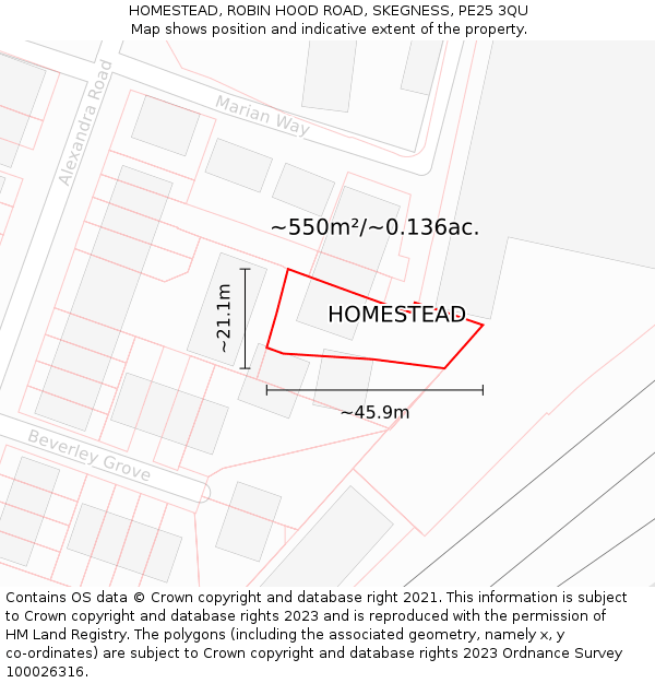 HOMESTEAD, ROBIN HOOD ROAD, SKEGNESS, PE25 3QU: Plot and title map