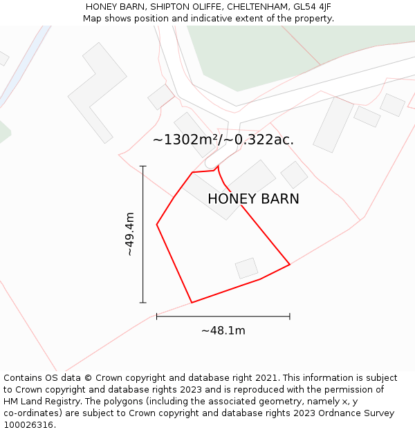HONEY BARN, SHIPTON OLIFFE, CHELTENHAM, GL54 4JF: Plot and title map