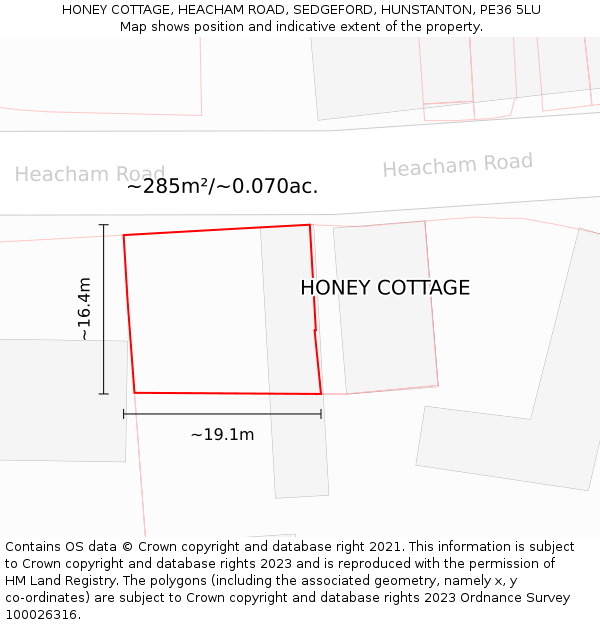 HONEY COTTAGE, HEACHAM ROAD, SEDGEFORD, HUNSTANTON, PE36 5LU: Plot and title map