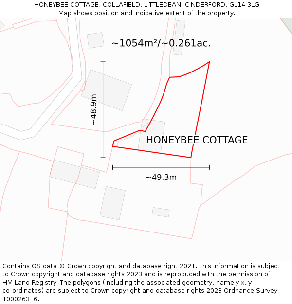 HONEYBEE COTTAGE, COLLAFIELD, LITTLEDEAN, CINDERFORD, GL14 3LG: Plot and title map