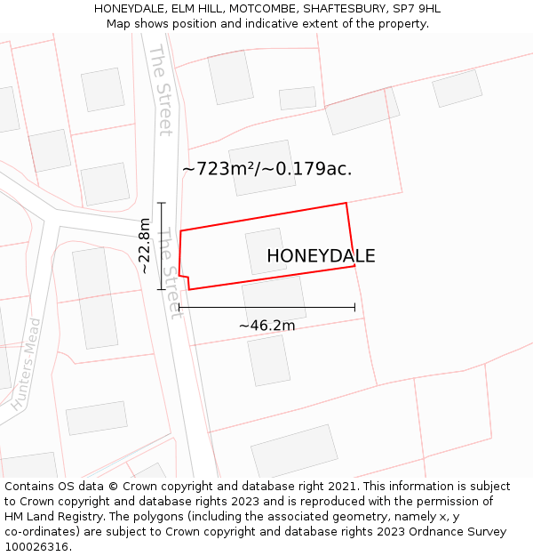 HONEYDALE, ELM HILL, MOTCOMBE, SHAFTESBURY, SP7 9HL: Plot and title map