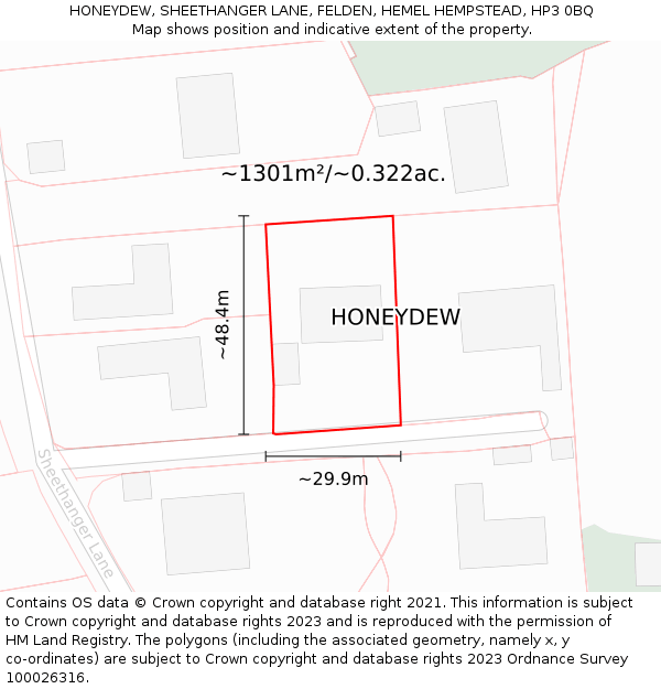 HONEYDEW, SHEETHANGER LANE, FELDEN, HEMEL HEMPSTEAD, HP3 0BQ: Plot and title map