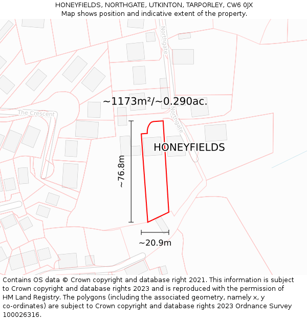 HONEYFIELDS, NORTHGATE, UTKINTON, TARPORLEY, CW6 0JX: Plot and title map
