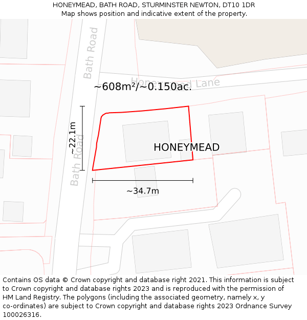 HONEYMEAD, BATH ROAD, STURMINSTER NEWTON, DT10 1DR: Plot and title map