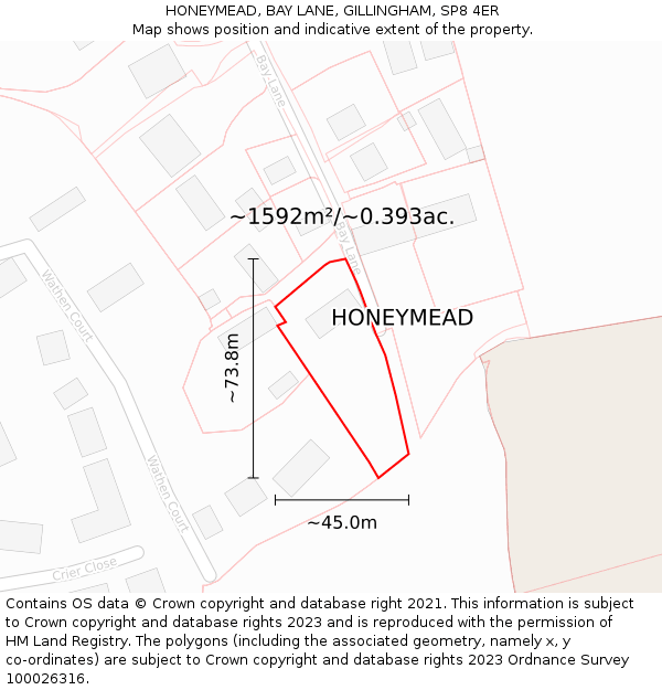 HONEYMEAD, BAY LANE, GILLINGHAM, SP8 4ER: Plot and title map