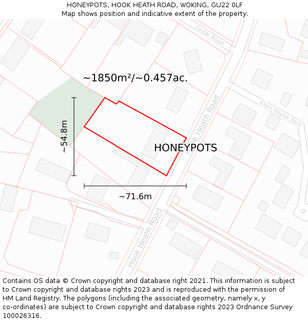 HONEYPOTS, HOOK HEATH ROAD, WOKING, GU22 0LF: Plot and title map