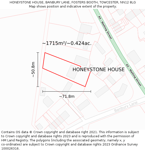 HONEYSTONE HOUSE, BANBURY LANE, FOSTERS BOOTH, TOWCESTER, NN12 8LG: Plot and title map