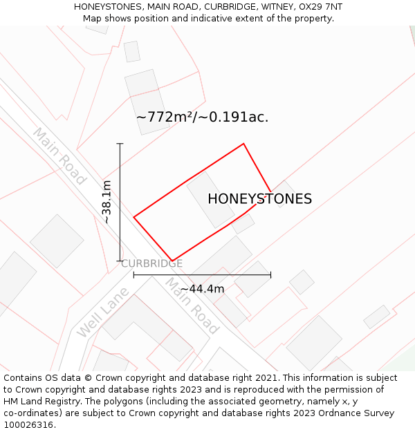 HONEYSTONES, MAIN ROAD, CURBRIDGE, WITNEY, OX29 7NT: Plot and title map
