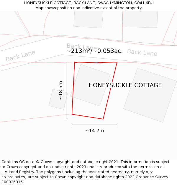 HONEYSUCKLE COTTAGE, BACK LANE, SWAY, LYMINGTON, SO41 6BU: Plot and title map