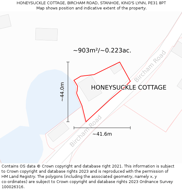 HONEYSUCKLE COTTAGE, BIRCHAM ROAD, STANHOE, KING'S LYNN, PE31 8PT: Plot and title map