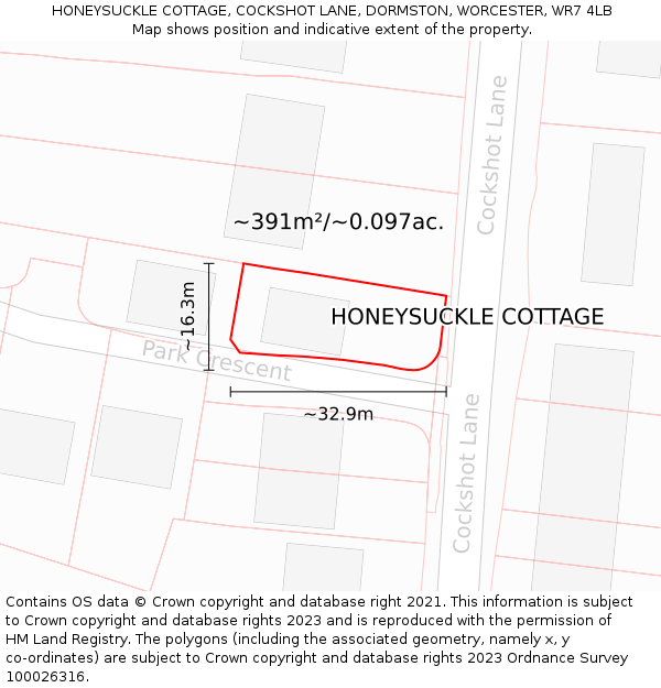 HONEYSUCKLE COTTAGE, COCKSHOT LANE, DORMSTON, WORCESTER, WR7 4LB: Plot and title map