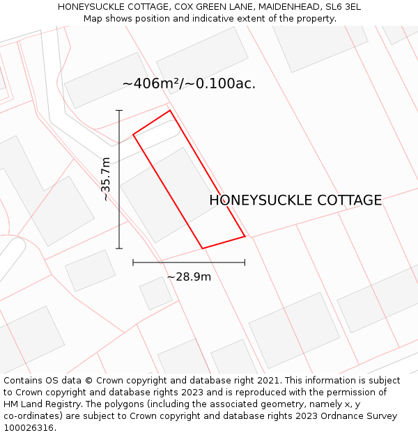 HONEYSUCKLE COTTAGE, COX GREEN LANE, MAIDENHEAD, SL6 3EL: Plot and title map