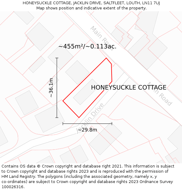HONEYSUCKLE COTTAGE, JACKLIN DRIVE, SALTFLEET, LOUTH, LN11 7UJ: Plot and title map