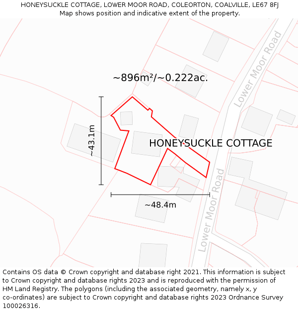 HONEYSUCKLE COTTAGE, LOWER MOOR ROAD, COLEORTON, COALVILLE, LE67 8FJ: Plot and title map