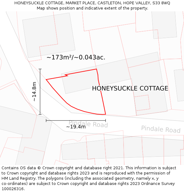 HONEYSUCKLE COTTAGE, MARKET PLACE, CASTLETON, HOPE VALLEY, S33 8WQ: Plot and title map
