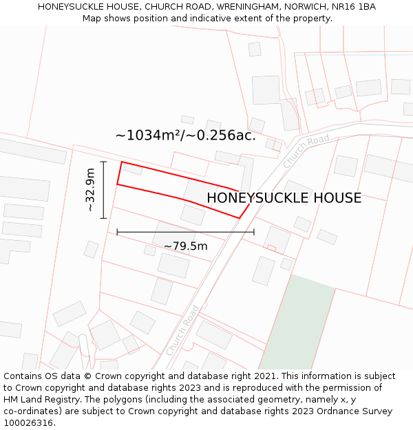 HONEYSUCKLE HOUSE, CHURCH ROAD, WRENINGHAM, NORWICH, NR16 1BA: Plot and title map
