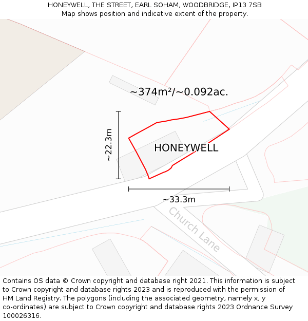 HONEYWELL, THE STREET, EARL SOHAM, WOODBRIDGE, IP13 7SB: Plot and title map