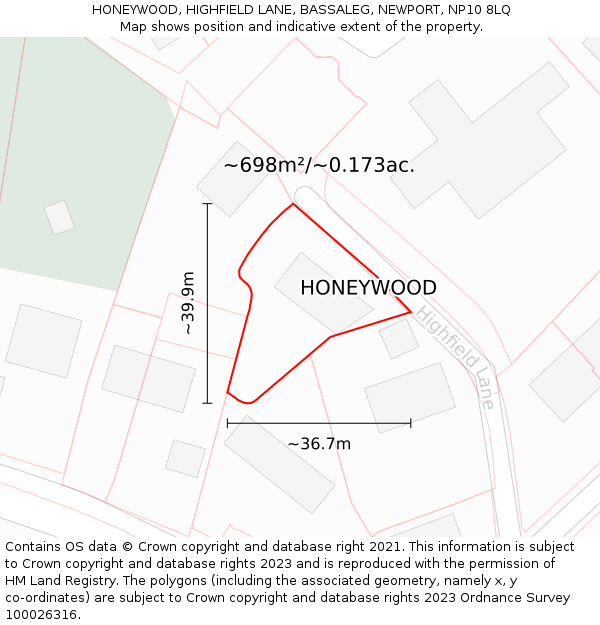 HONEYWOOD, HIGHFIELD LANE, BASSALEG, NEWPORT, NP10 8LQ: Plot and title map