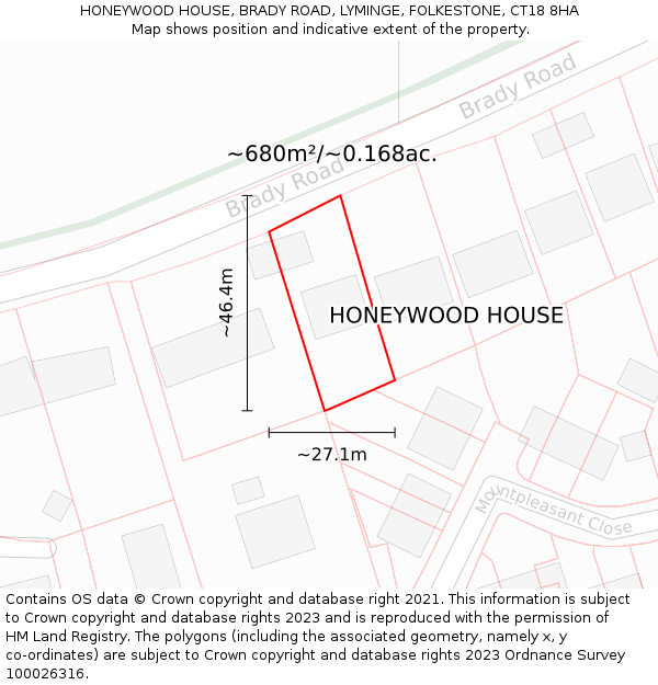 HONEYWOOD HOUSE, BRADY ROAD, LYMINGE, FOLKESTONE, CT18 8HA: Plot and title map