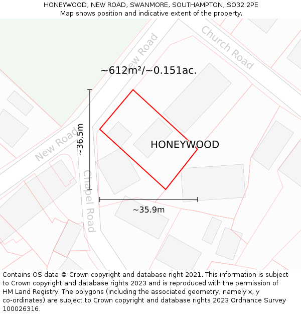 HONEYWOOD, NEW ROAD, SWANMORE, SOUTHAMPTON, SO32 2PE: Plot and title map