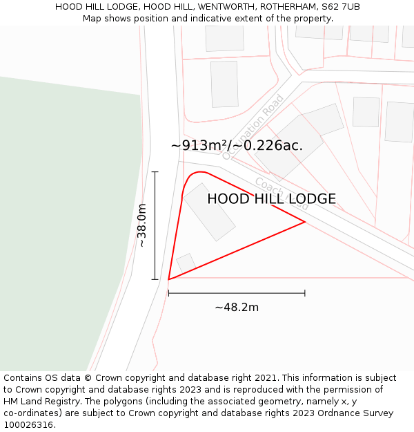 HOOD HILL LODGE, HOOD HILL, WENTWORTH, ROTHERHAM, S62 7UB: Plot and title map