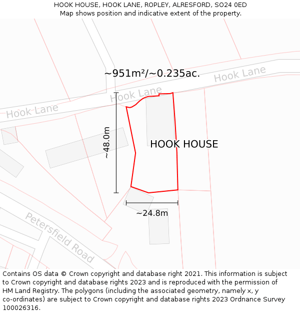 HOOK HOUSE, HOOK LANE, ROPLEY, ALRESFORD, SO24 0ED: Plot and title map
