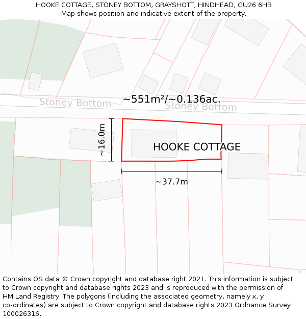 HOOKE COTTAGE, STONEY BOTTOM, GRAYSHOTT, HINDHEAD, GU26 6HB: Plot and title map