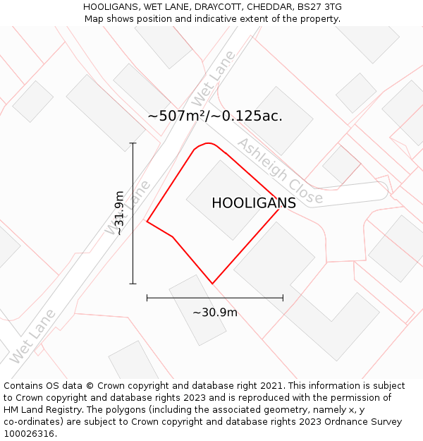 HOOLIGANS, WET LANE, DRAYCOTT, CHEDDAR, BS27 3TG: Plot and title map