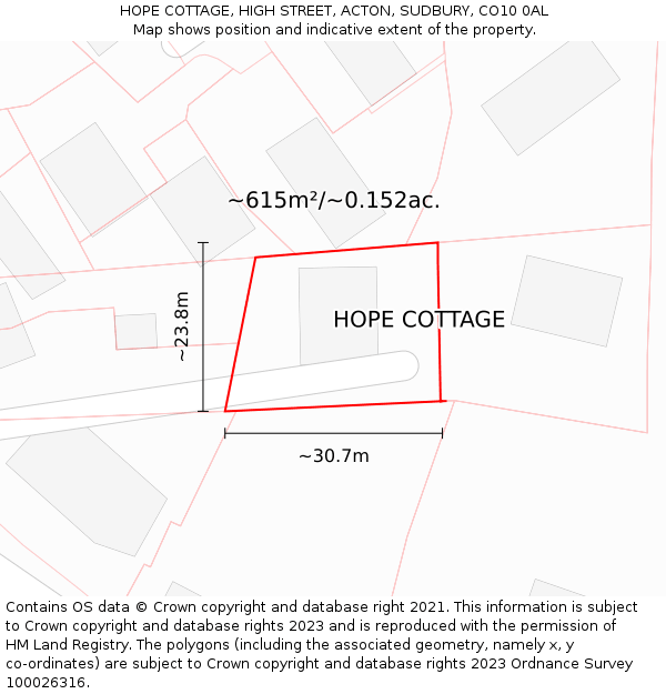 HOPE COTTAGE, HIGH STREET, ACTON, SUDBURY, CO10 0AL: Plot and title map