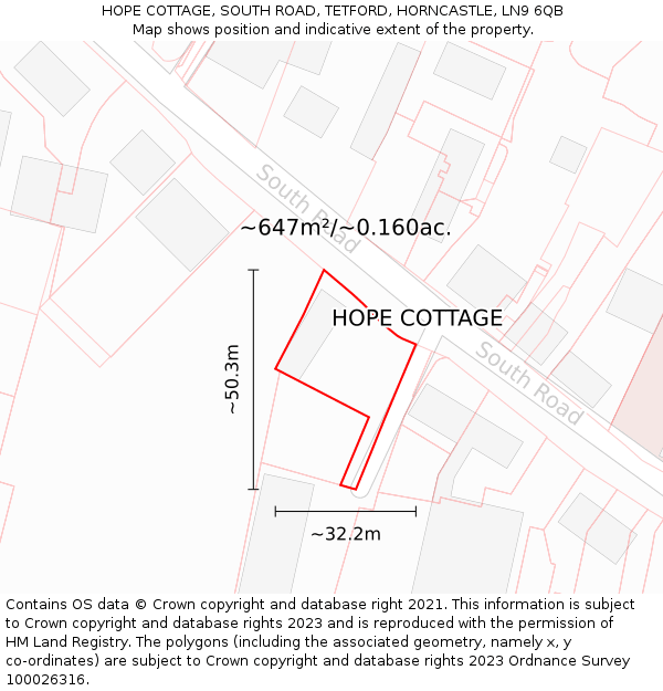 HOPE COTTAGE, SOUTH ROAD, TETFORD, HORNCASTLE, LN9 6QB: Plot and title map