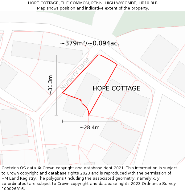 HOPE COTTAGE, THE COMMON, PENN, HIGH WYCOMBE, HP10 8LR: Plot and title map