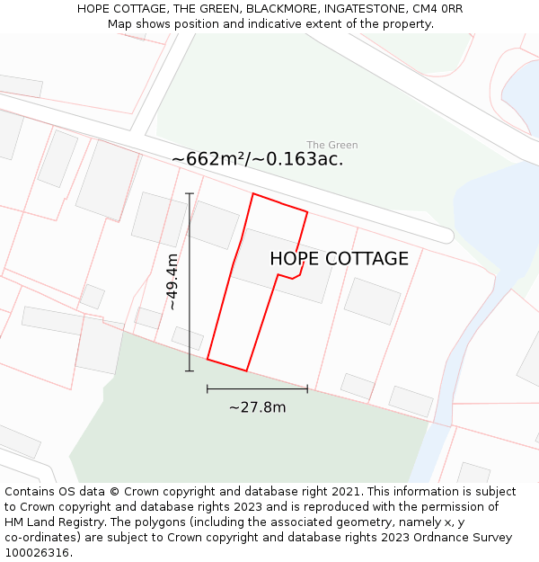 HOPE COTTAGE, THE GREEN, BLACKMORE, INGATESTONE, CM4 0RR: Plot and title map