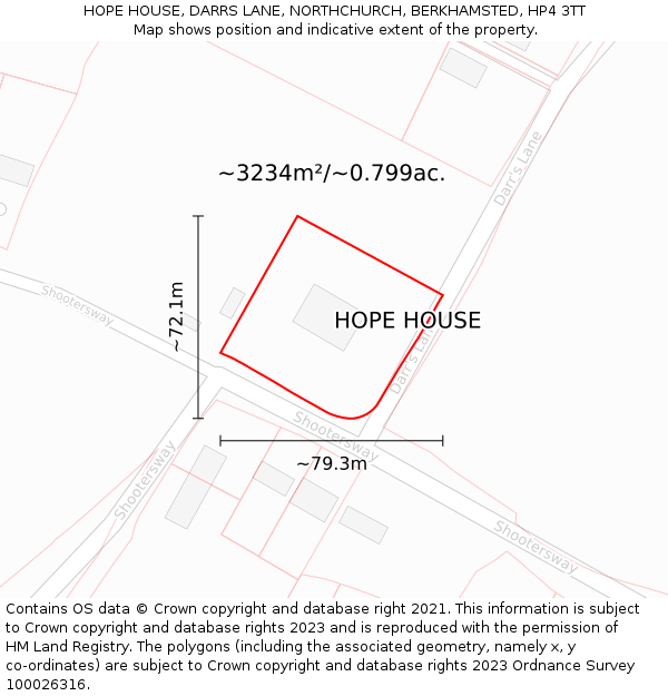 HOPE HOUSE, DARRS LANE, NORTHCHURCH, BERKHAMSTED, HP4 3TT: Plot and title map