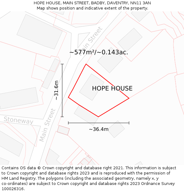 HOPE HOUSE, MAIN STREET, BADBY, DAVENTRY, NN11 3AN: Plot and title map
