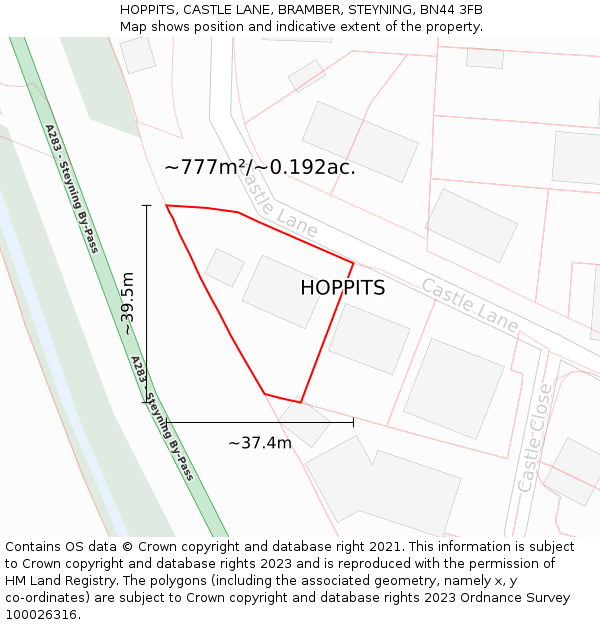 HOPPITS, CASTLE LANE, BRAMBER, STEYNING, BN44 3FB: Plot and title map