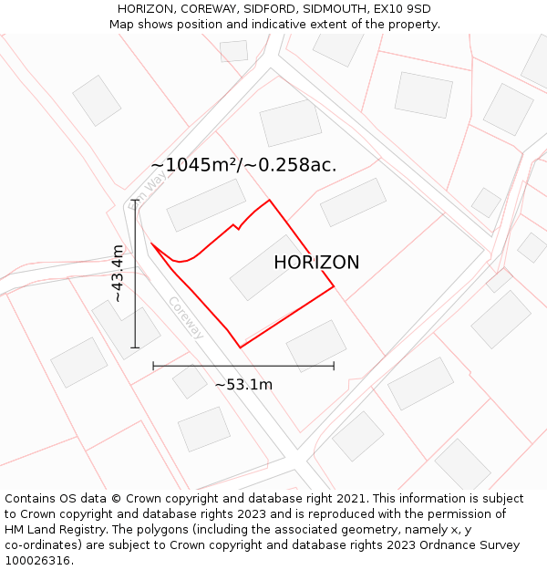 HORIZON, COREWAY, SIDFORD, SIDMOUTH, EX10 9SD: Plot and title map