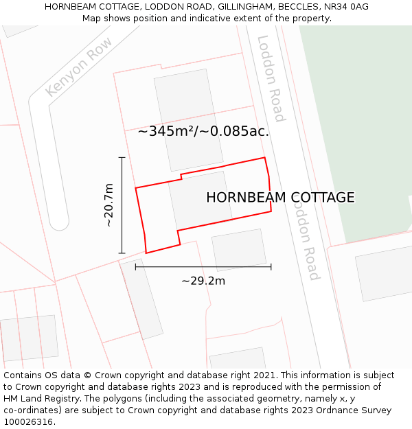 HORNBEAM COTTAGE, LODDON ROAD, GILLINGHAM, BECCLES, NR34 0AG: Plot and title map